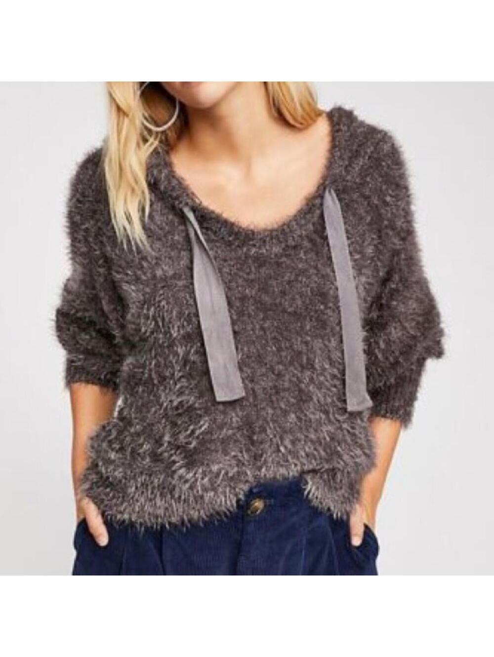 Free People Medium Gray Fuzzy Hoodie Sweater M